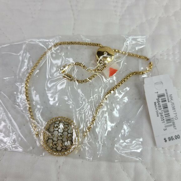 Michael Kors monogram logo circle pave cuban chain yellow gold slider bracelet - Picture 4 of 7